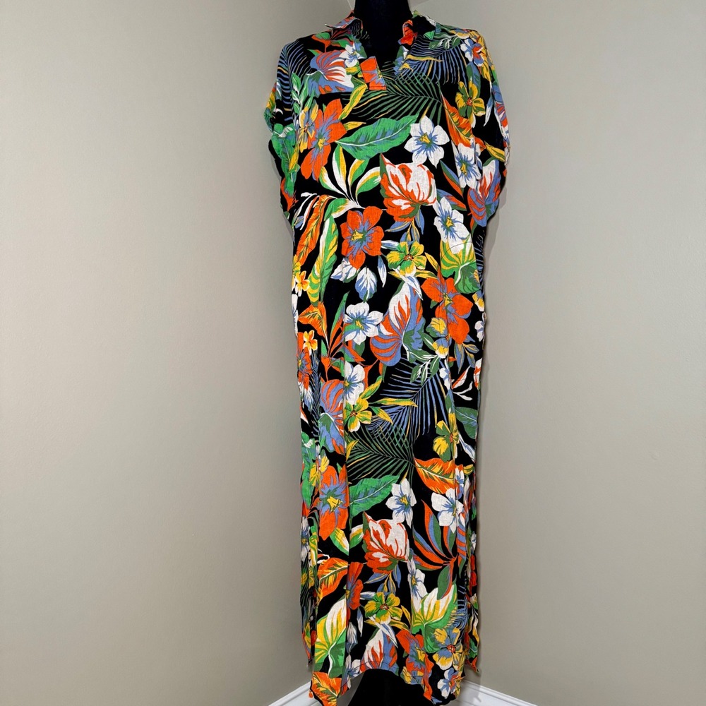 C&C California Women Black Tropical Floral Linen Blend Maxi Shift Dress Size‎ M